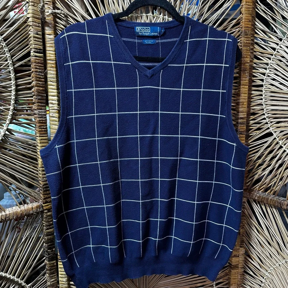 Polo Ralph Lauren Mens Navy Blue Silk Cotton Windowpane V-Neck Sweater Vest XL